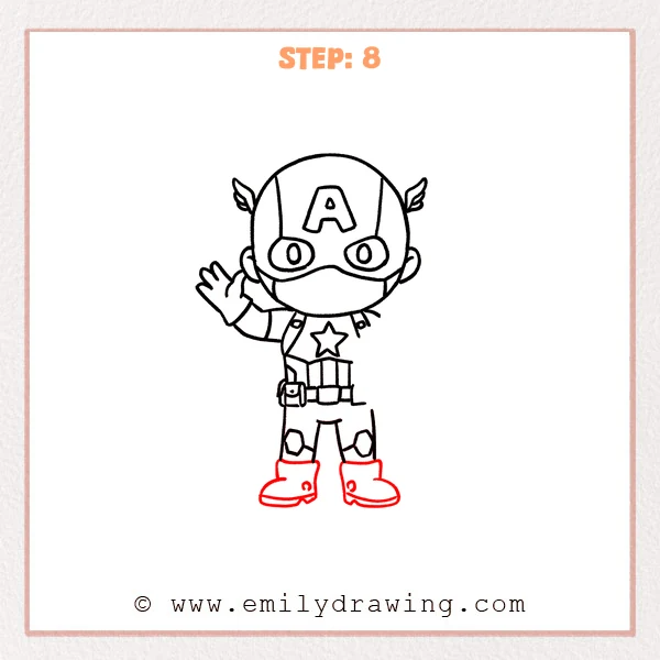 how to draw a captain america - Completed chibi Captain America outline with a waving hand, full outfit details, and oversized boots.